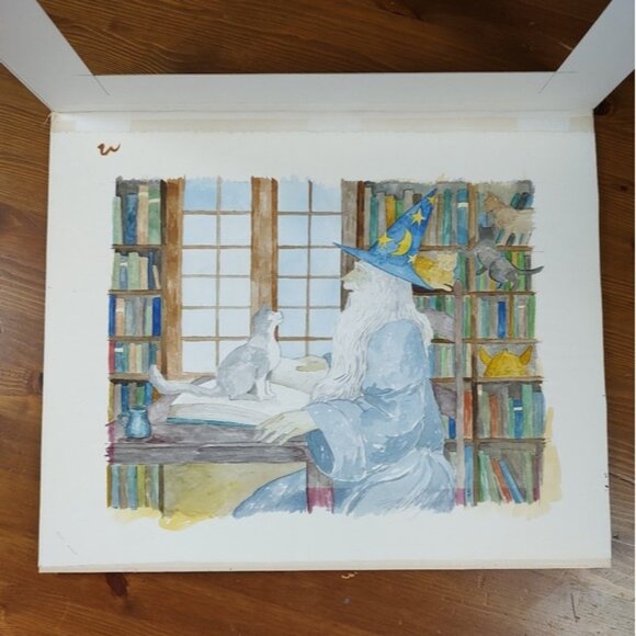 Wizard & Cats Original Watercolor Painting HAT - Picture 4 of 8